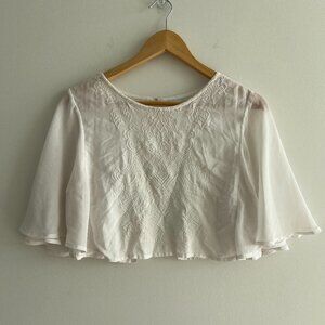 Kimchi Blue White Embroidered Crop Top Boho Cottagecore Flutter Cape Top S